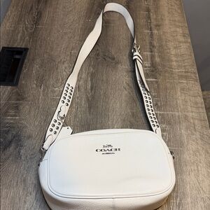 Coach White Pebbled Leather Crossbody Camera Bag with Studded Strap